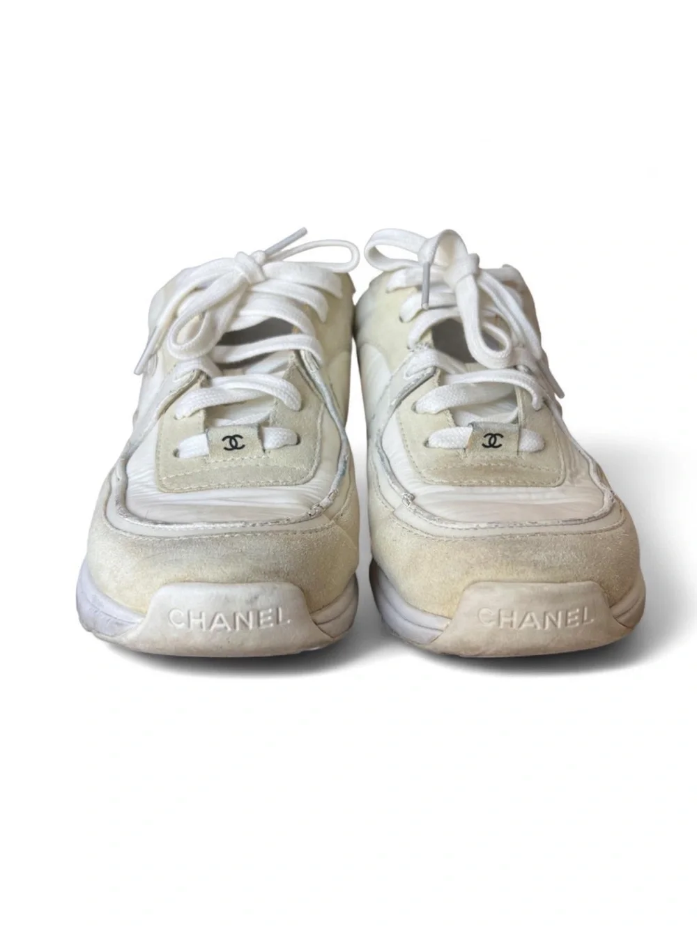 CHANEL White CC Logo Suede Leather Running Classic Sneakers    W G34360 38 1/2